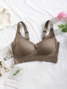 Set de 3 sujetadores deportivos sin costuras, transpirables y inalámbricos para mujeres - Cobertura total, antideslizante, con elevación y soporte, ajuste cómodo con detalles acanalados, mezcla de nailon y elastano, lavar a mano - unicolor elegantes - Negro+Albaricoque+Marrón - Ver 8