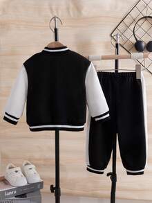 Toddler Baseball Jacket With Contrast Sleeves & Pants Set, Autumn/Winter - Black and White - View 3