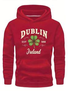 Dreiklee Men's Plus Size Hoodie - Dublin Ireland Pattern Print, Loose Fit Gray Casual Sweatshirt With Front Pocket, Machine Washable, Large Size - 黑色 - 查看 9