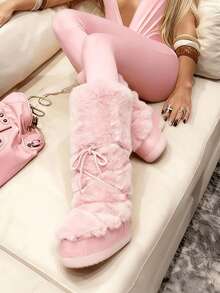 Knee High Boots For Women,Fuzzy Flat Round Toe Rhinestone Lace-Up Slip On Warm Shoes Winter Outdoor Party Chirstmas And Halloween Snow Boots - Hồng - Xem 3