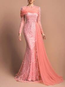 女士优雅长袖圆领串珠长款晚礼服 - 珍珠点缀领口，不对称雪纺垂褶和修身鱼尾裙摆 | 完美适用于正式派对、盛会和婚礼 | 搭配璀璨珠宝和细带高跟鞋 - 珊瑚橙 - 查看 2