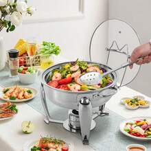 DONSU Runder 4-Liter-Chafing-Dish-Buffetwärmer aus Edelstahl mit Glasdeckel, Brennstoffhalter, Abtropfschale und abnehmbaren Pfannen