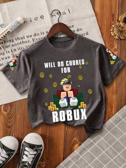 Cartoon Slogan Print Round Neck Short Sleeve Casual T-Shirt For Young Boy