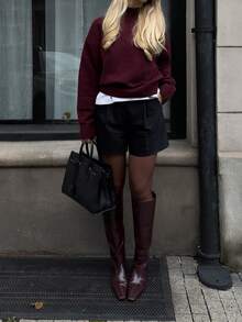 Seelio Autumn/Winter New Women's Fashion Minimalist Soft All-Match High Neck Long Sleeve Knit Sweater - Burgundy - View 6