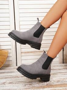Botas cortas de ante para mujer, botas Chelsea con panel elástico, suela gruesa y tacón ancho de unicolor y punta redonda, botas de cigarrillo, botas de otoño/invierno - Gris - Ver 2
