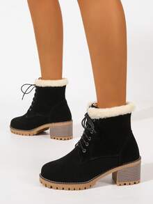 Winterliche, dickabsätzige, rund-zehenförmige, flach geschnittene Schnürstiefel mit modischem Design für Frauen, mit dicker Isolierung innen, einfarbige schlichte Damenwinterstiefel, Fellstiefel - Schwarz - Übersicht 5