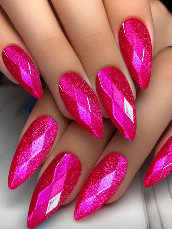 Adesivos de unhas de comprimento médio em formato amendoado com estampa, design de diamante 3D, unhas postiças brilhantes rosa-avermelhadas estilo olho de gato, unhas acrílicas coloridas para mulheres, conjunto com 24 peças