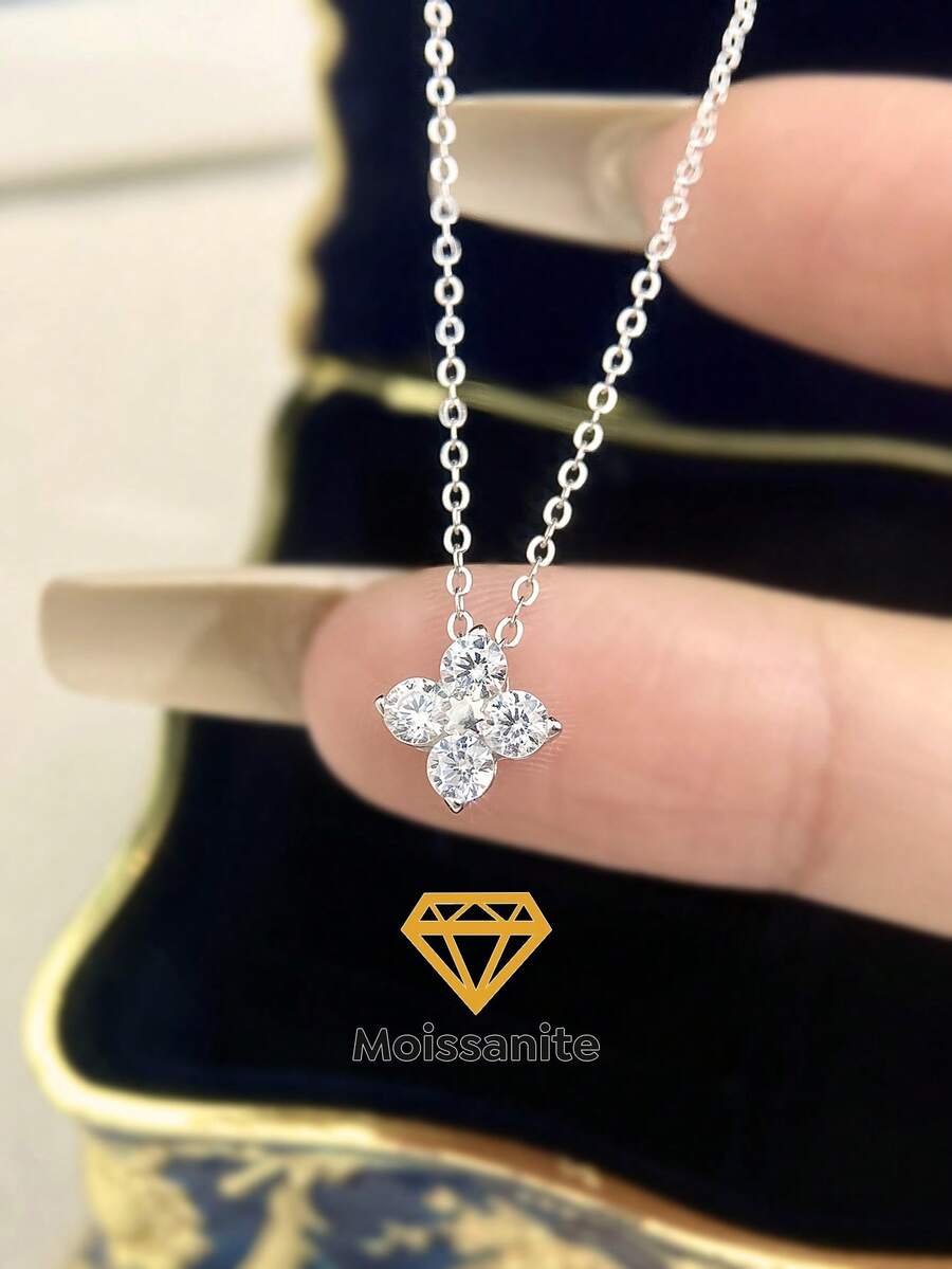 1件四叶草莫桑石钻石项链 S925纯银结婚项链订婚项链奢华珠宝礼物女士周年纪念 - 四葉草莫桑項鍊 - 查看 1