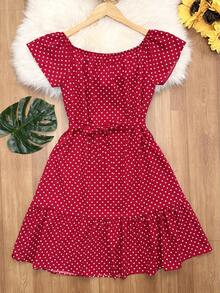 Floral Polka Dot Print With Belt And Ruffled Hem. Beachwear, Women's Fashion. - 紅色 - 查看 1