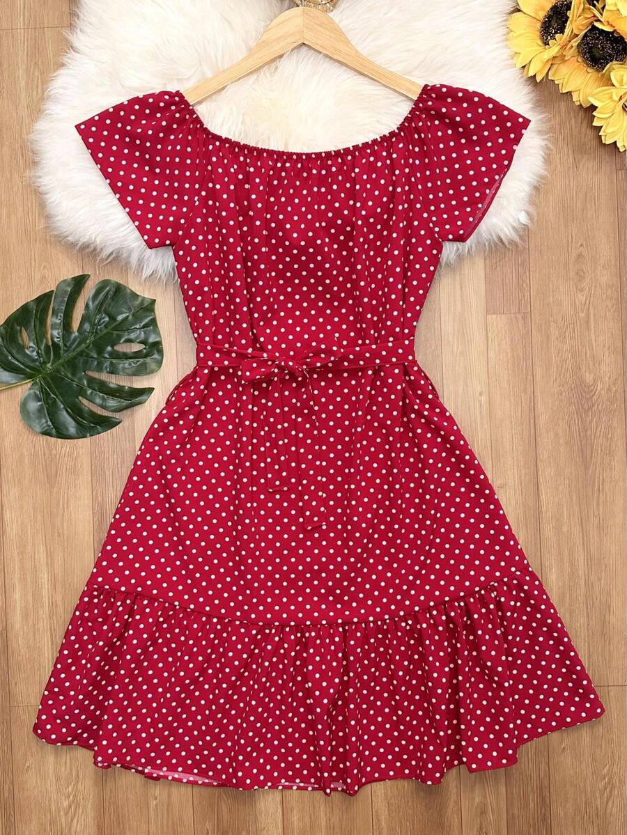 Floral Polka Dot Print With Belt And Ruffled Hem. Beachwear, Women's Fashion. - 紅色 - 查看 1