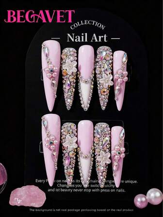 BEGAVET New Spring&Summer Collection 10pcs Handmade Salon Quality Nail Art Press On Nails Purple Floral Rhinestones Super Long Stiletto Exclusive Design 3D Nails With 3D Charms, Suitable For New Year Parties/Music Festival And Daily Wear