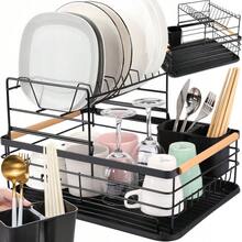⭐ PREMIUM 2-TIER DISH RACK – RUST-RESISTANT METAL WITH WOODEN HANDLES ⭐ This Premium 2-Tier Dish Rack Features A Modern, Compact Design, Crafted From Rust-Resistant Metal With Elegant Wooden Handles. Available In Black, White, And Gray, It Offers Ample Storage For Plates, Bowls, Glasses, And Utensils. Ideal For Keeping Your Countertop Organized, It Includes A Removable Drip Tray, Double Utensil Holder, And A Non-Slip Base. This Dish Rack Combines Durability, Functionality, And Aesthetic Appeal. Use It As A Dish Drainer, Kitchen Organizer, Or Dish Rack To Keep Your Sink Area Clean And Clutter-Free. - màu đen - Xem 3