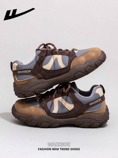  1 Pair WARRIOR Women's Thick Sole Lace-Up Soft Bottom Casual Shoes, Low-Top Outdoor Flat Shoes, Round Toe Low Heel Non-Slip Solid Color Elegant Soft Bottom Hiking Shoes, Suitable For Students, Graduation Photos, Flat Shoes, Low-Top Leather Sports Skateboard Shoes