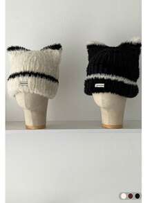 1顶猫耳长毛绒可爱兔耳保暖耳罩帽，针织混纺针织帽，女士秋冬款