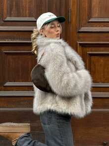 HH 女式冬季优雅纯色仿皮草效果长袖开衫外套女式休闲高街口袋外套