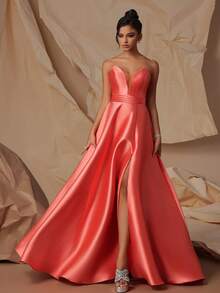 VIPGIRL - Charming Strapless Coral Satin Evening Gown, Mesh Details, High Slit Design - Elegant Formal Ball Gown, Suitable For Special Occasions - Orange - View 4