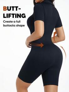 Women's Ribbed Knit Shapewear Jumpsuit, Short Sleeve, Tummy Control, Button Closure, Cropped Jumpsuit - Black - View 1