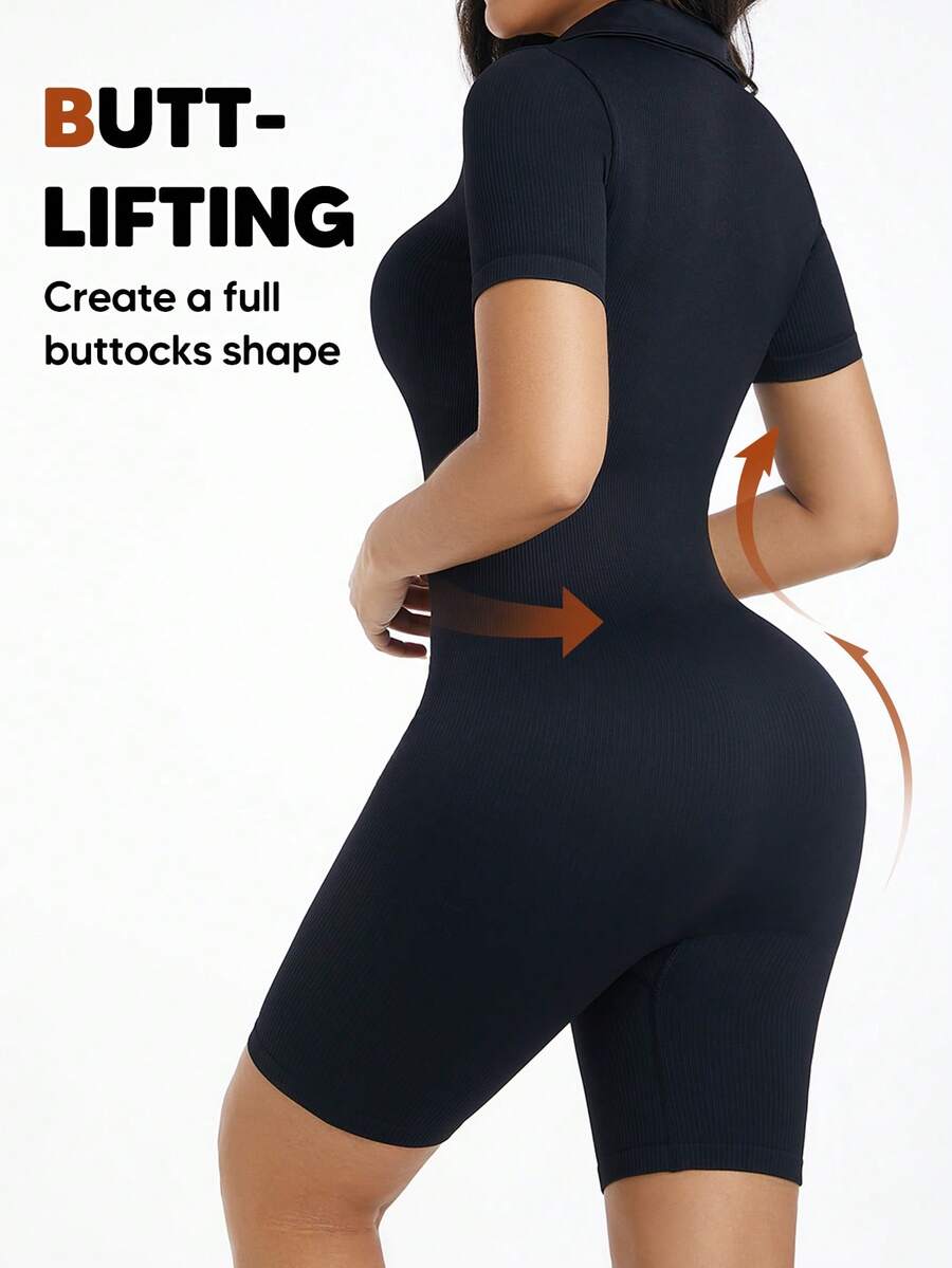 Bộ áo liền quần định hình dáng người dành cho nữ, tay ngắn, ôm bụng, cài nút, dáng lửng. - màu đen - Xem 1