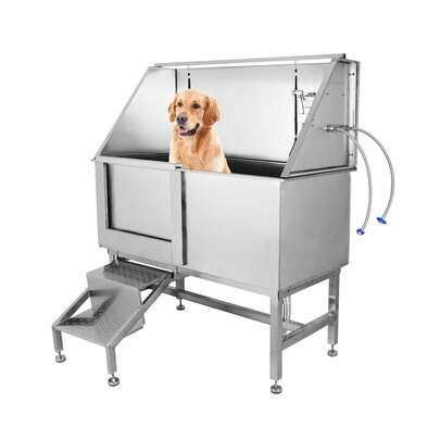 50'' Plateado Tina de Baño Profesional para Perros con Escalera Retráctil de Acero Inoxidable Bañera para Mascotas Puerta Izquierda para Perros Pequeños y Grandes