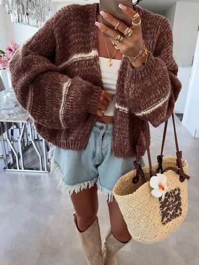 2025 Fashion Women's Knitted Cardigan, Loose V-Neck Dual-Color Long Sleeve Sweater Jacket