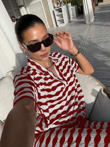 Knit Mix Women's Knit Set Casual Elegant Striped Collar Top And Long Pants Two Pieces Back To School Autumn Winter Fall Women Clothes,Suitable For Christmas, Thanksgiving, And New Year (Random Stripe Pattern)