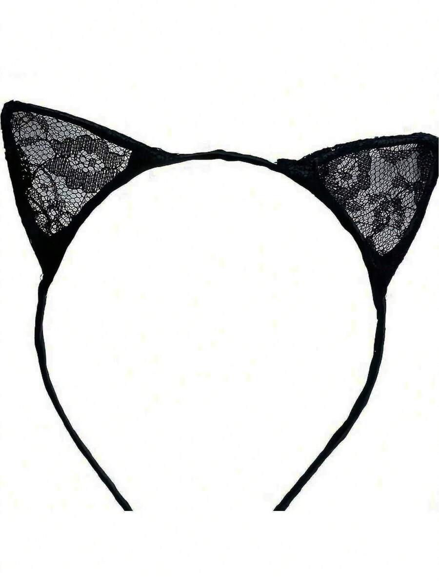 Black Lace Cat Ear Headband With Gold Bells And Bowknot - Cute And Fashionable Hair Accessories For Women, Perfect For Makeup, Skincare, Or Casual Wear Halloween Party Decorations - 貓咪耳網 - 查看 1