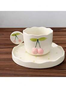 Korean Style Hand-Painted Cherry Blossom Relief Ceramic Cup & Saucer Set, Cute Afternoon Tea/Coffee Mug - Multicolor - View 2