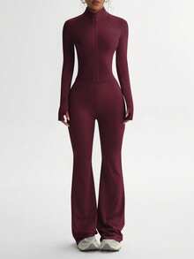 女士纯色长袖上衣和修身运动裤套装，适合健身和锻炼 - 酒紅色 - 查看 5