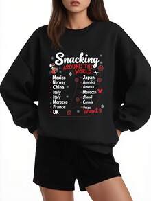 Disney Oversized Sweatshirt Black Snacking Around The World Mickey Mouse Countries List Print Casual Everyday Wear - 黑色 - 查看 1