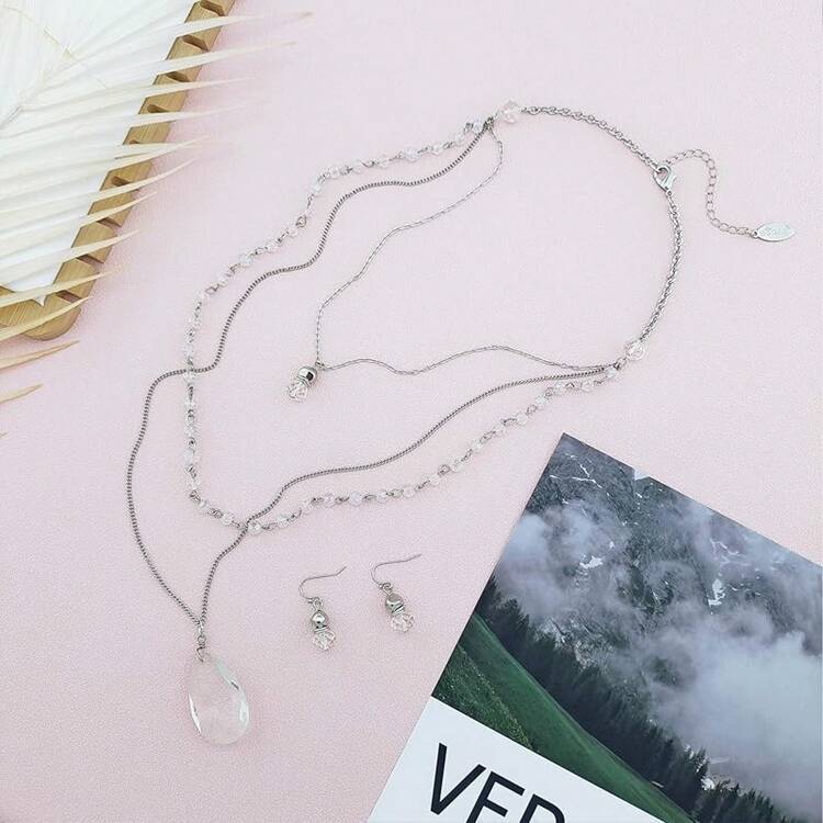 Bocar 3 Layer Jewelry Set Long Chain Pendant Bead Necklace Earring Women - 白色 - 查看 3