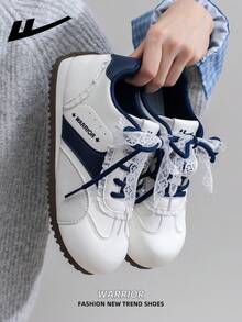 1 Pair WARRIOR Women's Thick Sole Lace-Up Soft Bottom Casual Shoes, Low-Top Outdoor Flat Shoes, Round Toe Low Heel Non-Slip Solid Color Elegant Soft Bottom Hiking Shoes, Suitable For Students, Graduation Photos, Flat Shoes, Women Leather Skate Sneakers - Beige/Gray/Dark Blue - View 6