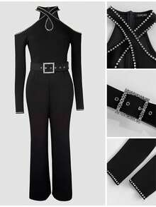 ChicMe 女士水钻交叉镂空露肩长袖连体裤，后背拉链设计，配腰带，时尚百搭，适合派对、约会、假日穿着 - 黑色 - 查看 5