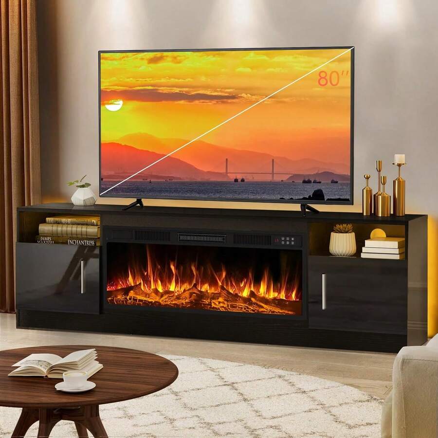 70 Inch Fireplace TV Stand Entertainment Center With 36" Fireplace, 70" Wooden TV Stand For TVs Up To 80", Media TV Console With High Gloss Storage Cabinet And 16 Colors LED Lights - 查看 1