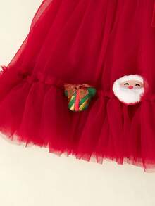 Vestido elegante de fiesta para niñas bebé en color borgoña con adorno floral 3D, caja de regalo de Papá Noel y árbol de Navidad, apropiado para el primer cumpleaños, banquetes, galas, Acción de Gracias y reuniones familiares - Burdeos - Ver 5