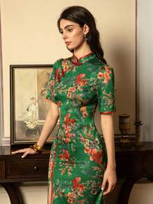 Faeriesty 优雅女士新款中式旗袍连衣裙，高领短袖侧开衩设计——适合正式场合、商务宴会、婚礼、盛大晚会、文化活动以及新年和情人节派对。夏季 - 綠色 - 查看 5