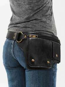 Women'S Adjustable Waist Bag - Convertible Crossbody & Belt Bag With Magnetic Closure, Synthetic Faux Leather, Black, Multi-Card Holder, Foldable Design For Everyday Use, Secure Travel Pouch, Sleek Accessory, Durable Construction