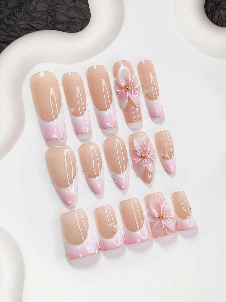 10pcs Pink Gel Nail Art Set, Polka Dot Nail Stickers, Handpainted French Nail Decals, 3D Gradient Floral Fake Nails With Small Pearl Accents, 3 Sizes: Almond, Coffin, Duck Mouth, Includes Nail Tools (1 Jelly Sticker + 1 Nail File), Suitable For Party, Wedding, Autumn/Winter, Casual & Daily Wear, Great Gift For Women - 彩色 - 查看 1