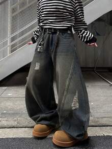 1件男士日系破洞拼接阔腿牛仔裤，复古做旧休闲宽松牛仔裤（不含腰带和配饰） - 藍色 - 查看 6