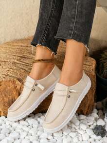 Women's Casual Corduroy Loafers - Slip-On Comfort Shoes With Elastic Laces, Lightweight Walking Sneakers For Daily Wear - Màu be - Xem 4