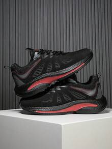 2026 New Men's Shoes: Black And Red Color - Block Mesh Sneakers, Breathable And Comfortable Men's Casual Shoes, Street - Style Versatile Outdoor Walking Shoes - 黑色 - 查看 3