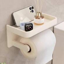 Toilet Paper Holder With Phone Shelf, Self-Adhesive Or Screw-In Toilet Tissue Roll Holder Wall Mount, Rustproof & Multifunctional Bathroom Toilet Paper Holder Storage Dispenser Bathroom Accessories Bathroom Tools