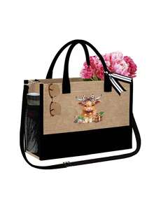 1/3pcs Orienthighland Cow Three Pieces Tote Bag, Happy Su'ge'lan Calf Pattern Dinner Bag, Fashionable Bag, Small Wallet, Highland Cow Pattern Leopard Bow, Large Capacity Handbag, Multi-Function Shoulder Bag, Handbag, Fashionable Travel Storage Bag, Toilet Bag, Perfect Holiday Gift, Birthday Gift, Christmas Gift, Autumn And Winter Gift,Valentine's Day Gifts - Multicolor - View 12