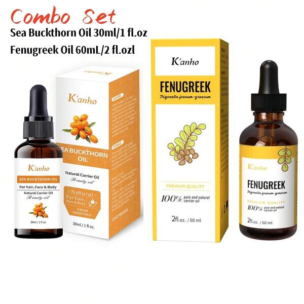 1+1 Set 60ml/2 Fl.Oz + 30ml/1 Fl.Oz Fenugreek Oil + Sea Buckthorn Oil Wellness Natural Base Massage Oil For Body / Face / Hair Care, Essential Oils Added, Moisturizing, Softening, Suitable For All Skin Types, Good For Daily Use In Autumn And Winter, Soft And Easy To Absorb, Great Gift For Women And Men