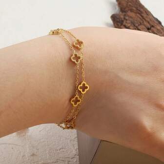 18K镀金不锈钢双层四叶草手链，复古波西米亚风，无马赛克，可调节链条，适合日常佩戴和婚礼等场合 - 单件