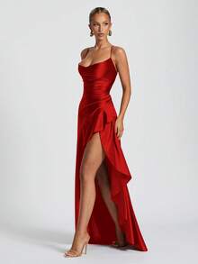 Sexy Ruffled Hem Lace-Up Backless Split Dress, Party Dress, For Cocktail, Valentine's Day - Red - View 9
