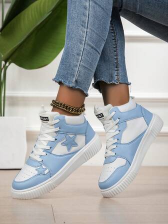 Damskor med höga sneakers, minimalistisk design med stjärndekor, PU-läder, snörning, lämplig för utomhusbruk, vardag, hem, sport
