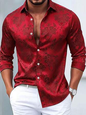Vintage Baroque Floral Print Men's Button-Down Long Sleeve Shirt