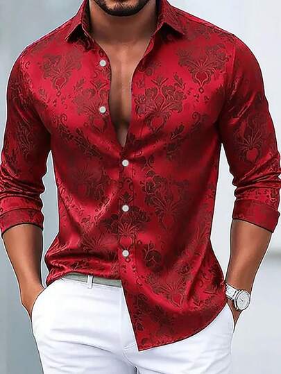 Vintage Baroque Floral Print Men's Button-Down Long Sleeve Shirt