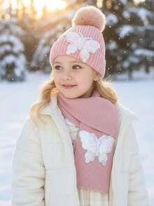 مجموعة قبعة وأوشحة مزينة بالترتر على شكل فراشة للأطفال البنات، مجموعة إكسسوارات شتوية دافئة - 2 قطعة - مشاهدة 6