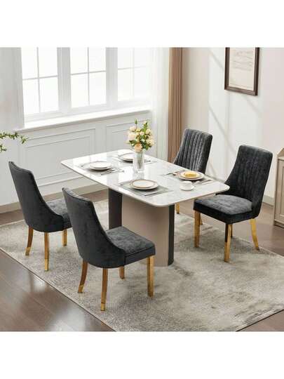 Flocked Chenille Rayon Dining Chairs, Com Tafel Kitchen Stoel Fabric Upholstery Goud Stainless Steel Legs, Set Of (Black). view 7